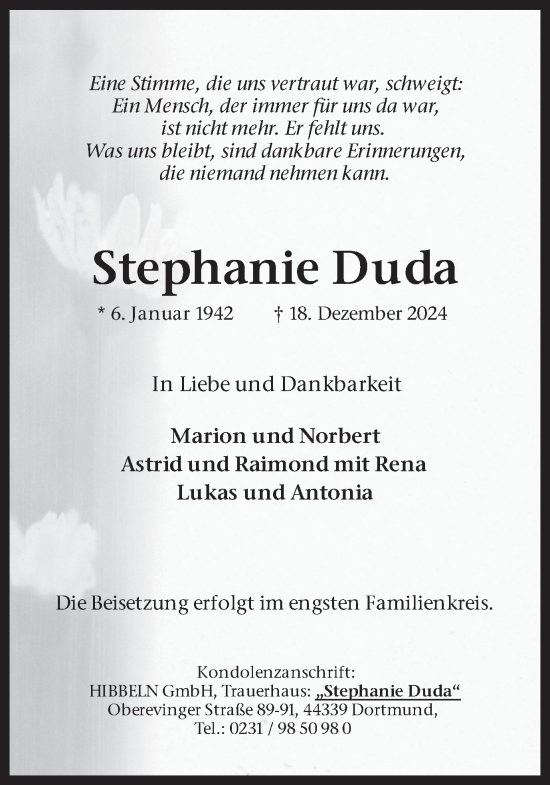 Traueranzeige von Stephanie Duda von Ruhr Nachrichten