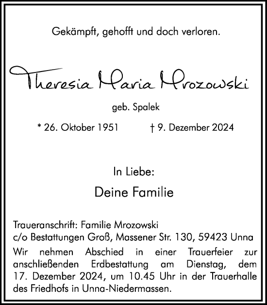 Traueranzeige von Theresia Maria Mrozowski von Hellweger Anzeiger