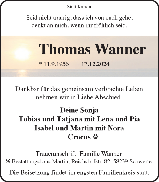 Traueranzeige von Thomas Wanner von Ruhr Nachrichten