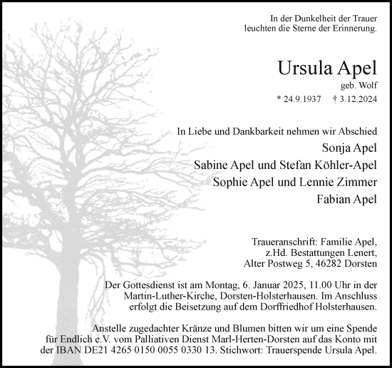 Traueranzeige von Ursula Apel von Ruhr Nachrichten