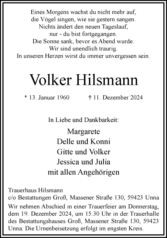 Traueranzeige von Volker Hilsmann von Hellweger Anzeiger