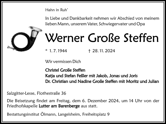 Traueranzeige von Werner  Große Steffen von Ruhr Nachrichten und Halterner Zeitung