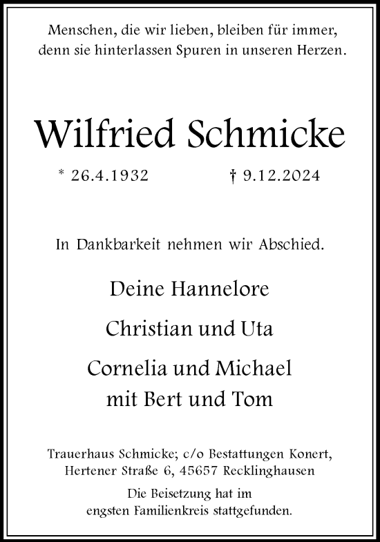 Traueranzeige von Wilfried Schmicke von Trauer Vest