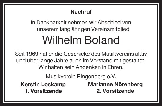 Traueranzeige von Wilhelm Boland 