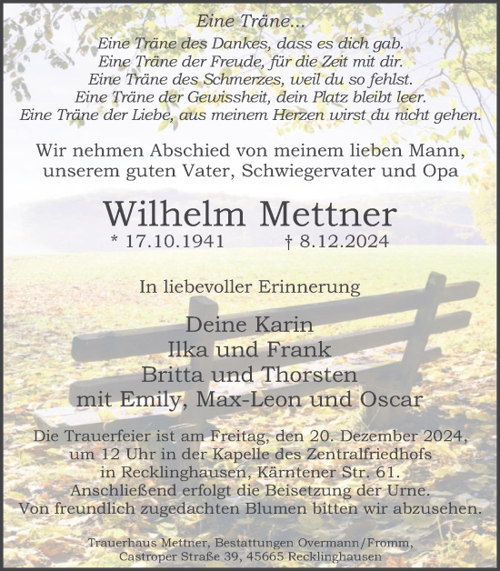 Traueranzeige von Wilhelm Mettner von Trauer Vest
