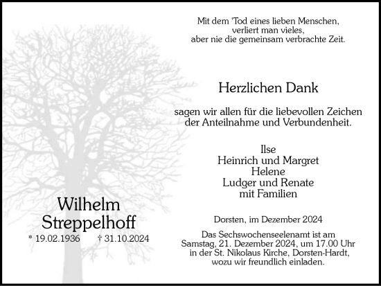 Traueranzeige von Wilhelm Streppelhoff von Ruhr Nachrichten und Dorstener Zeitung