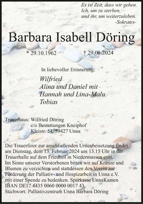 Traueranzeige von Barbara Isabell Döring von Hellweger Anzeiger