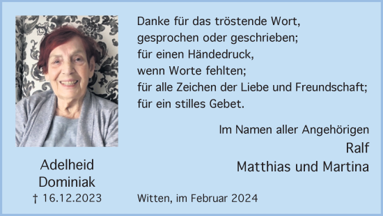 Traueranzeige von Adelheid Dominiak 
