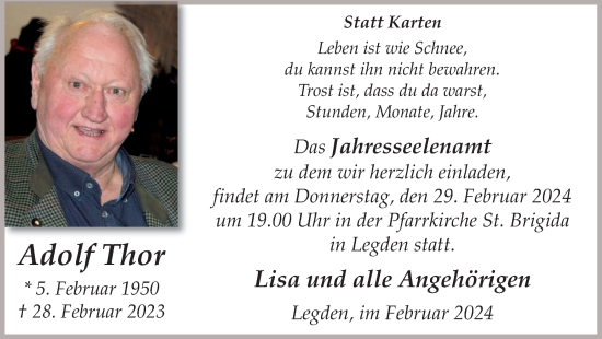 Traueranzeige von Adolf Thor von Münstersche Zeitung und Münsterland Zeitung