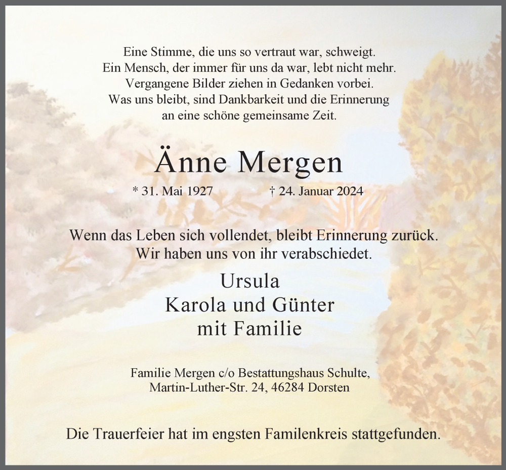  Traueranzeige für Änne Mergen vom 10.02.2024 aus Ruhr Nachrichten und Dorstener Zeitung