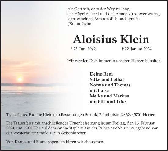 Traueranzeige von Aloisius Klein von Medienhaus Bauer