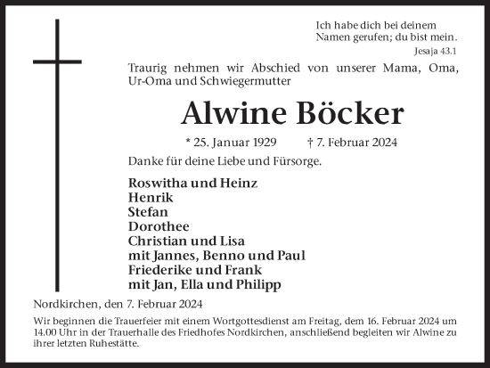 Traueranzeige von Alwine Böcker von Ruhr Nachrichten