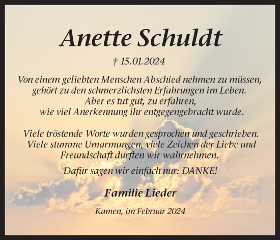 Traueranzeige von Anette Schuldt von Hellweger Anzeiger