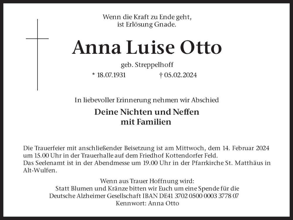  Traueranzeige für Anna Luise Otto vom 10.02.2024 aus Ruhr Nachrichten und Dorstener Zeitung