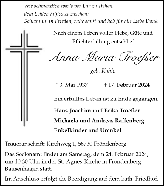 Traueranzeige von Anna Maria Troeßer von Ruhr Nachrichten