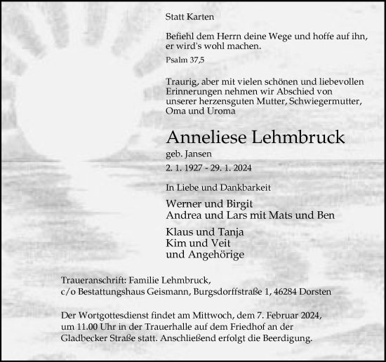Traueranzeige von Anneliese Lehmbruck von Ruhr Nachrichten und Dorstener Zeitung