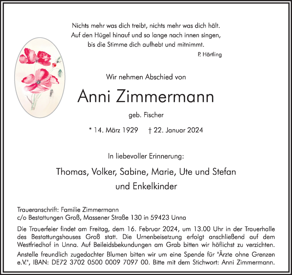  Traueranzeige für Anni Zimmermann vom 03.02.2024 aus Hellweger Anzeiger
