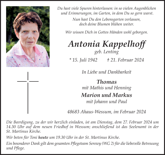 Traueranzeige von Antonia Kappelhoff von Münstersche Zeitung und Münsterland Zeitung