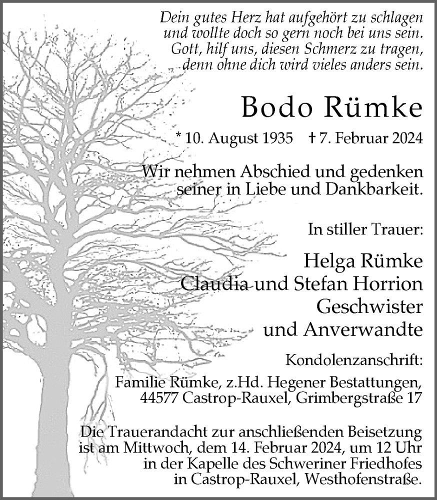  Traueranzeige für Bodo Rümke vom 10.02.2024 aus Ruhr Nachrichten