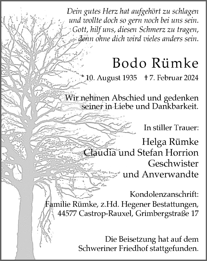  Traueranzeige für Bodo Rümke vom 17.02.2024 aus 