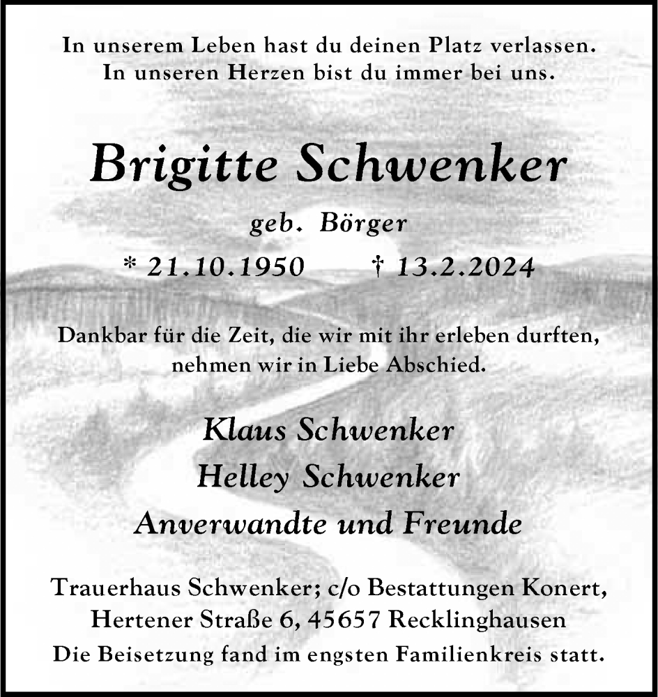  Traueranzeige für Brigitte Schwenker vom 24.02.2024 aus Medienhaus Bauer