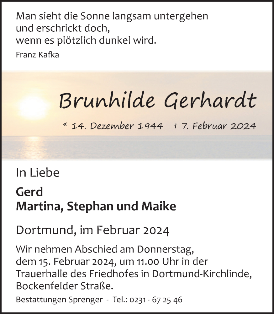  Traueranzeige für Brunhilde Gerhardt vom 10.02.2024 aus 