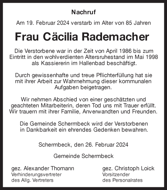Traueranzeige von Cäcilia Rademacher von Ruhr Nachrichten und Dorstener Zeitung