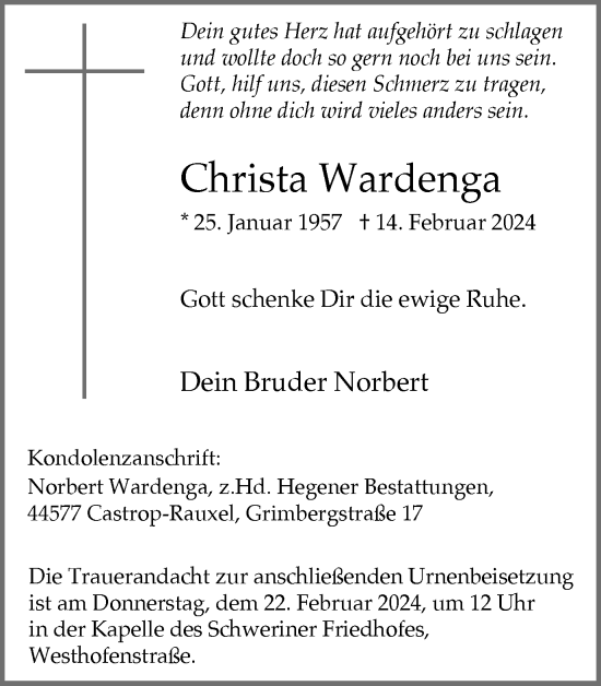 Traueranzeige von Christa Wardenga von Ruhr Nachrichten