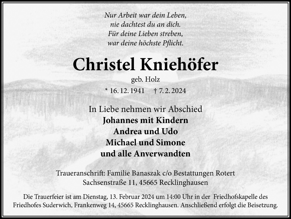  Traueranzeige für Christel Kniehöfer vom 10.02.2024 aus Medienhaus Bauer