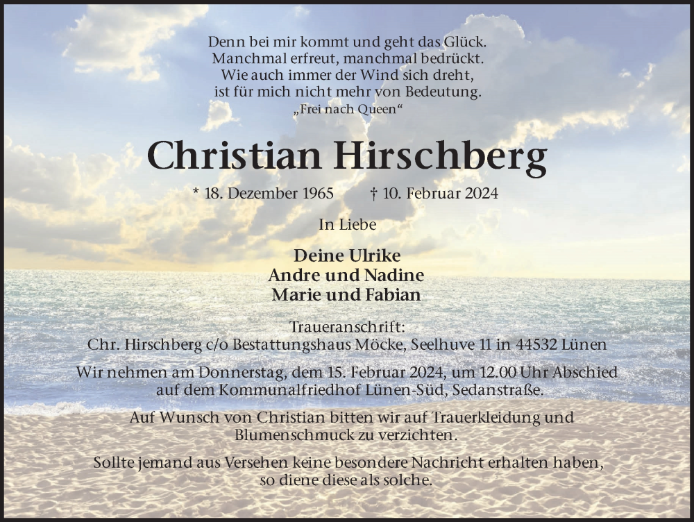  Traueranzeige für Christian Hirschberg vom 13.02.2024 aus Ruhr Nachrichten