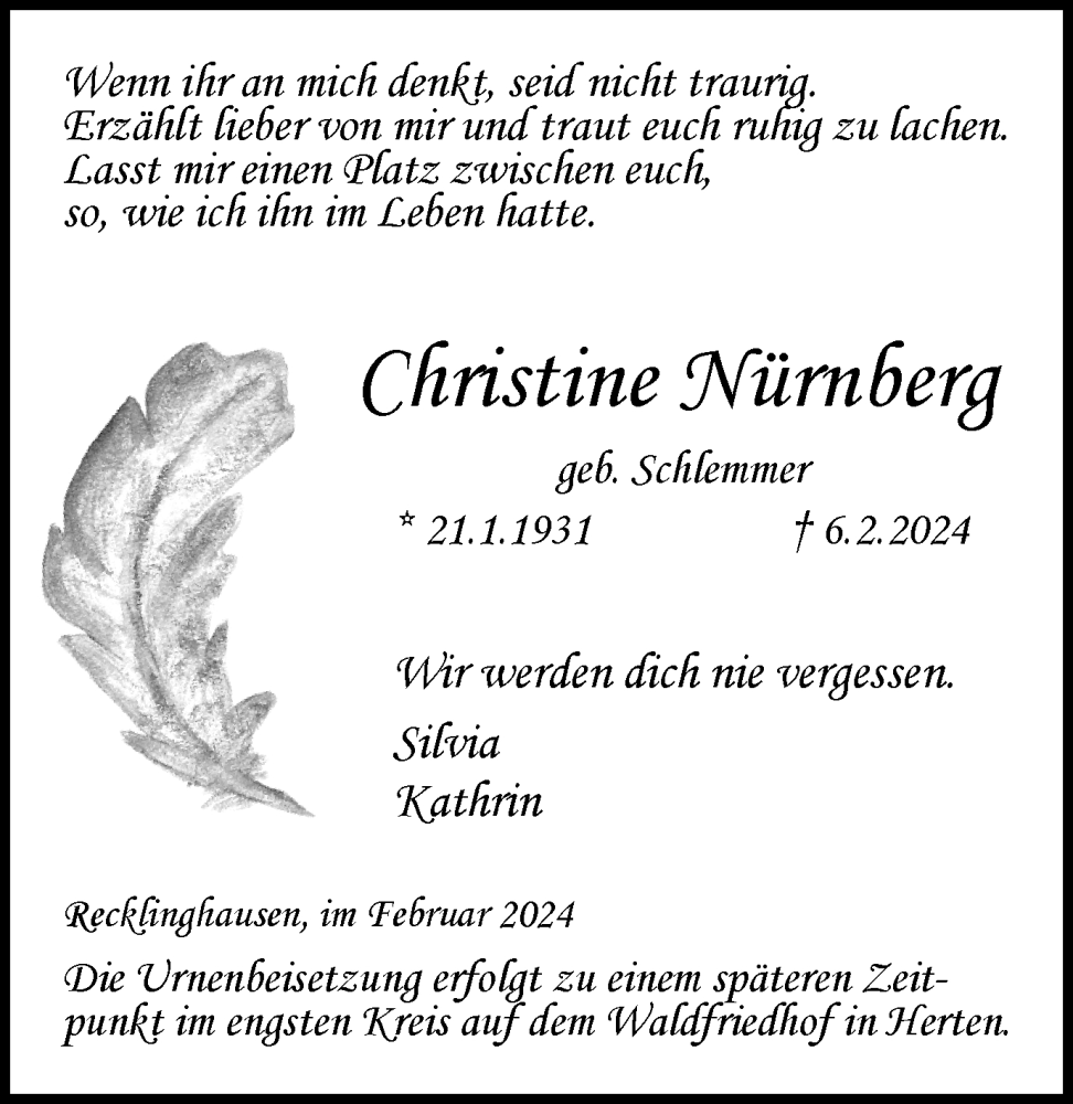  Traueranzeige für Christine Nürnberg vom 10.02.2024 aus Medienhaus Bauer