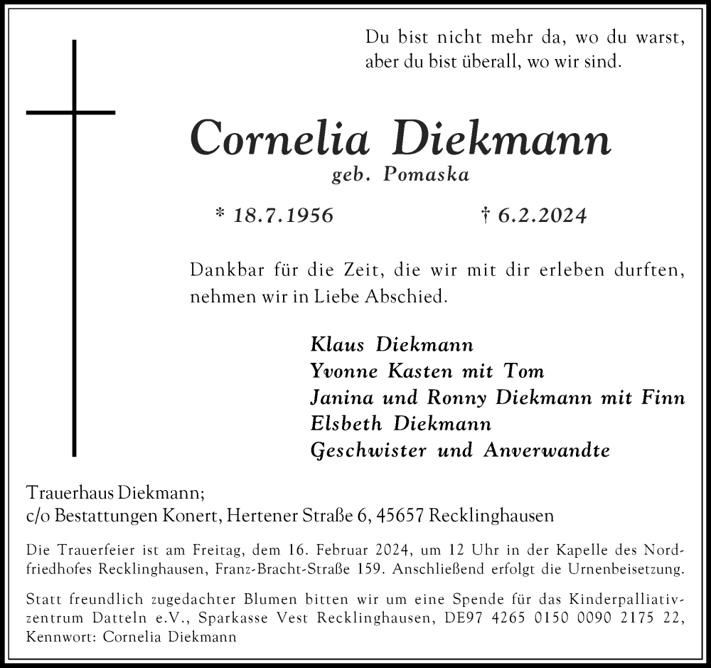  Traueranzeige für Cornelia Diekmann vom 10.02.2024 aus Medienhaus Bauer