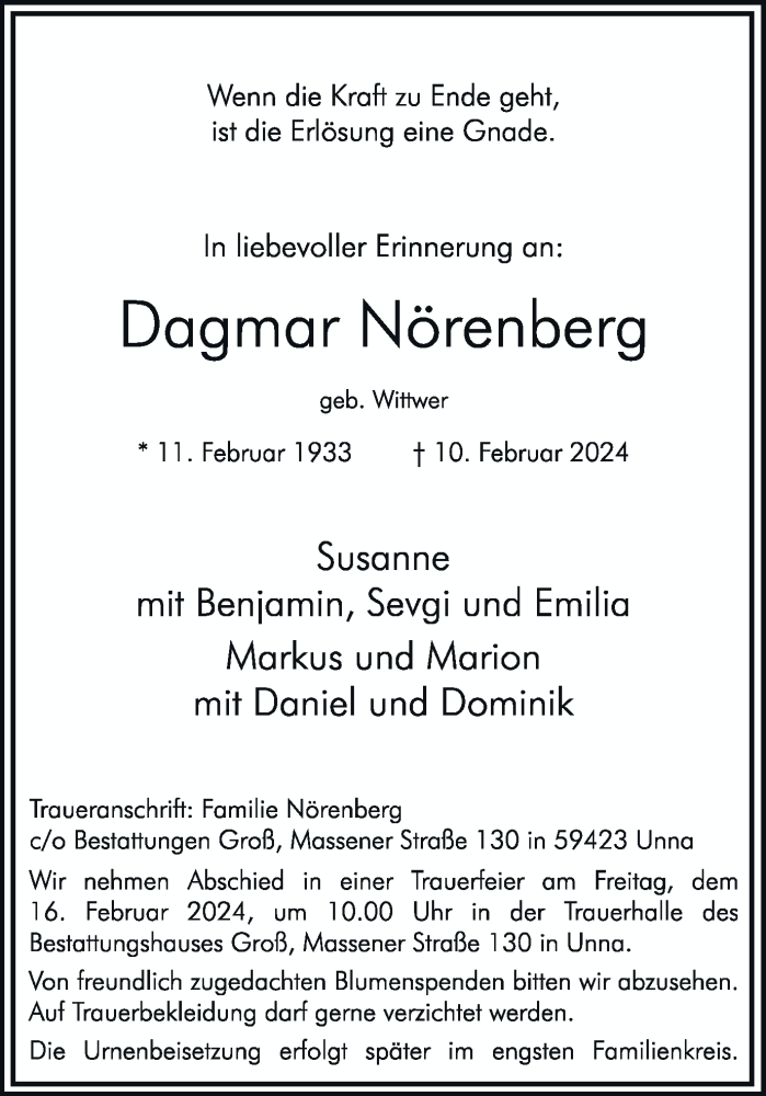  Traueranzeige für Dagmar Nörenberg vom 13.02.2024 aus Hellweger Anzeiger