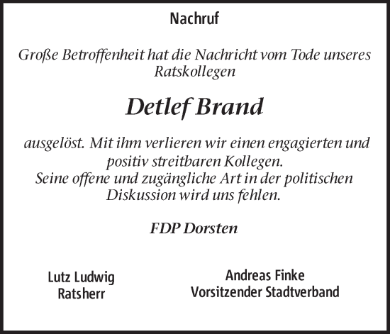 Traueranzeige von Detlef Brand von Ruhr Nachrichten und Dorstener Zeitung
