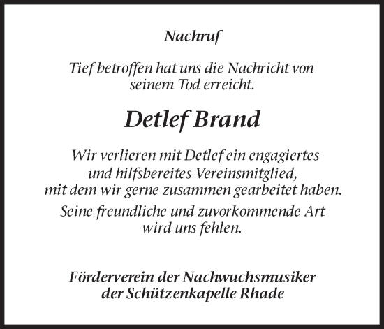 Traueranzeige von Detlef Brand von Ruhr Nachrichten und Dorstener Zeitung