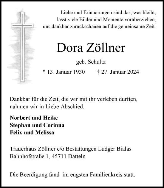 Traueranzeige von Dora Zöllner von Medienhaus Bauer
