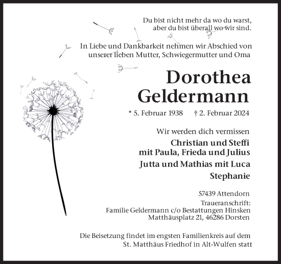 Traueranzeige von Dorothea Geldermann von Ruhr Nachrichten und Dorstener Zeitung