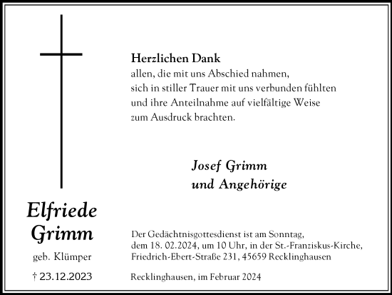 Traueranzeige von Elfriede Grimm von Medienhaus Bauer