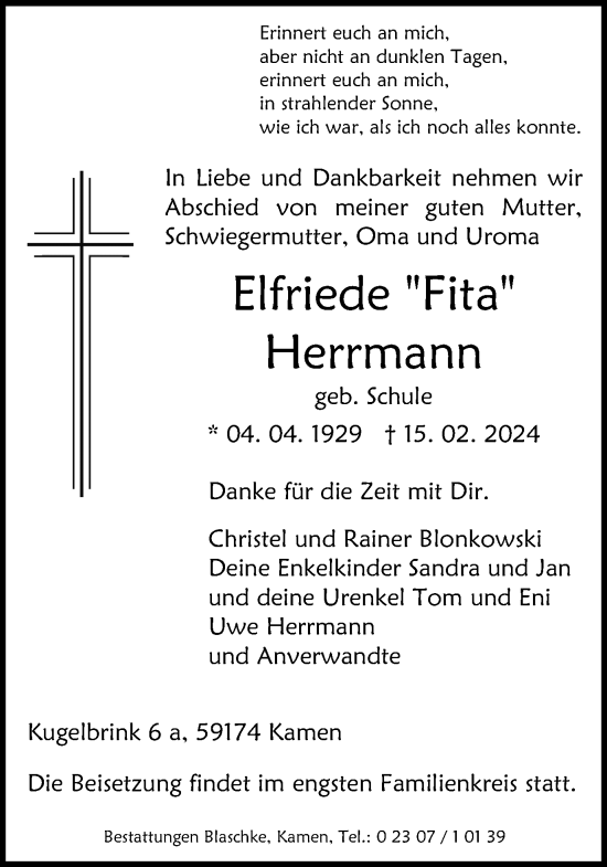 Traueranzeige von Elfriede Herrmann von Hellweger Anzeiger