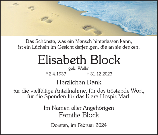 Traueranzeige von Elisabeth Block von Ruhr Nachrichten und Dorstener Zeitung