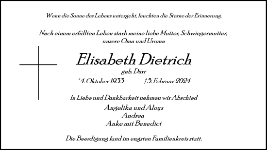 Traueranzeige von Elisabeth Dietrich von Ruhr Nachrichten und Dorstener Zeitung