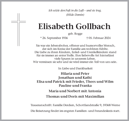 Traueranzeige von Elisabeth Gollbach von Ruhr Nachrichten