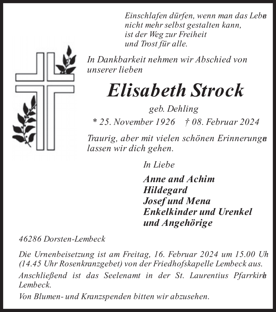  Traueranzeige für Elisabeth Strock vom 13.02.2024 aus Ruhr Nachrichten und Dorstener Zeitung