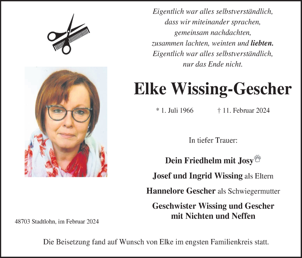  Traueranzeige für Elke Wissing-Gescher vom 24.02.2024 aus Münstersche Zeitung und Münsterland Zeitung
