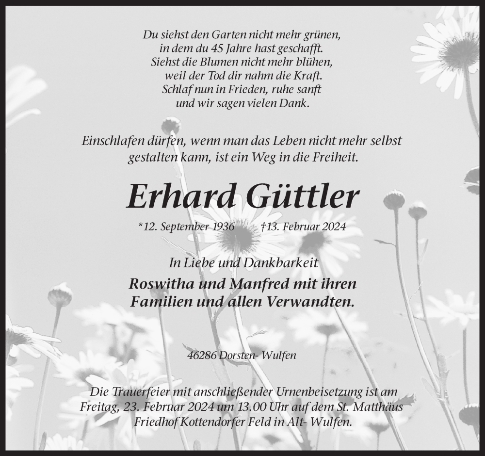  Traueranzeige für Erhard Güttler vom 17.02.2024 aus Ruhr Nachrichten und Dorstener Zeitung
