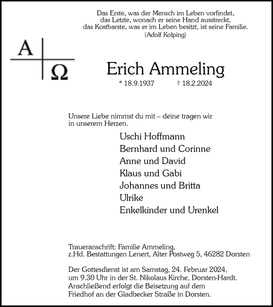 Traueranzeige von Erich Ammeling von Ruhr Nachrichten und Dorstener Zeitung