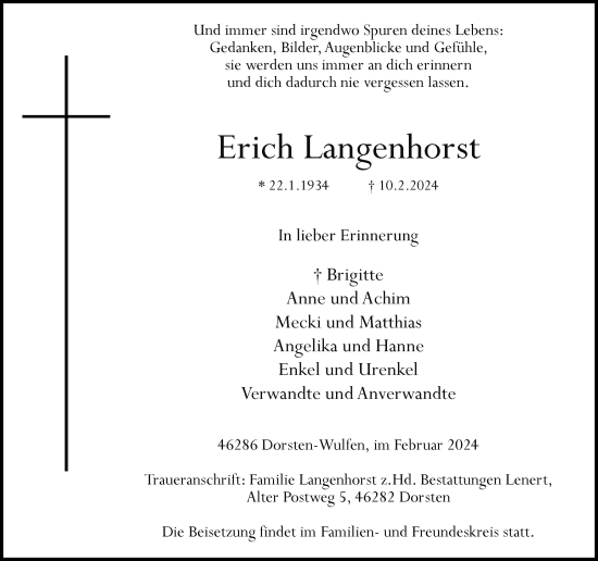 Traueranzeige von Erich Langenhorst von Ruhr Nachrichten und Dorstener Zeitung