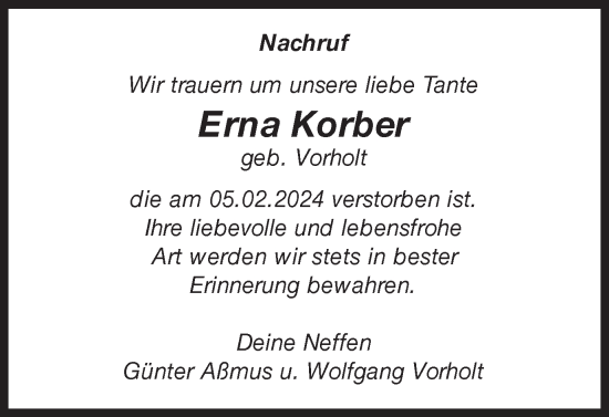 Traueranzeige von Erna Korber von Ruhr Nachrichten und Halterner Zeitung