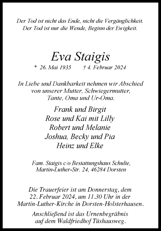 Traueranzeige von Eva Staigis von Ruhr Nachrichten und Dorstener Zeitung