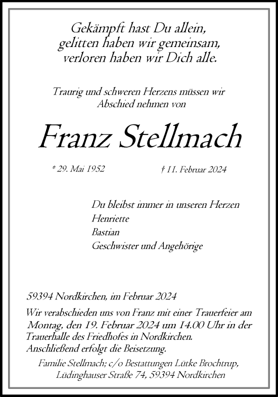 Traueranzeige von Franz Stellmach von Ruhr Nachrichten